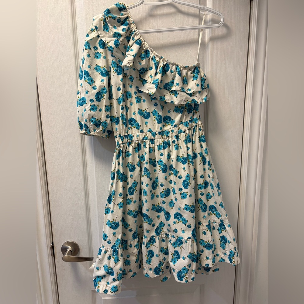 🇮🇹 Made in Italy One-Shoulder Floral Cotton Fit & Flare Dress w/ Raffia Belt - Picture 3 of 13